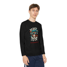 Load image into Gallery viewer, Youth Long Sleeve Tee - "Never Stop" Graphic Shirt for Active Kids