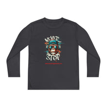 Load image into Gallery viewer, Youth Long Sleeve Tee - "Never Stop" Graphic Shirt for Active Kids