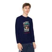 Load image into Gallery viewer, Youth Long Sleeve Tee - "Never Stop" Graphic Shirt for Active Kids