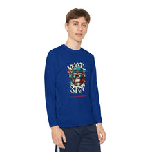 Load image into Gallery viewer, Youth Long Sleeve Tee - "Never Stop" Graphic Shirt for Active Kids