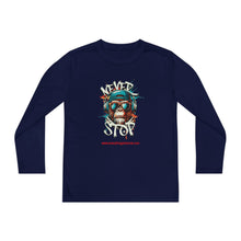 Load image into Gallery viewer, Youth Long Sleeve Tee - "Never Stop" Graphic Shirt for Active Kids
