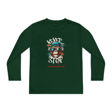 Load image into Gallery viewer, Youth Long Sleeve Tee - "Never Stop" Graphic Shirt for Active Kids