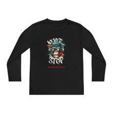 Load image into Gallery viewer, Youth Long Sleeve Tee - "Never Stop" Graphic Shirt for Active Kids