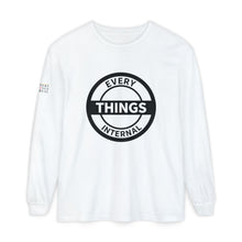 Load image into Gallery viewer, White long sleeve t-shirt with bold black circular "Every Internal Things" logo and text on the front, displayed on a white background.