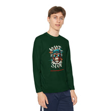 Load image into Gallery viewer, Youth Long Sleeve Tee - "Never Stop" Graphic Shirt for Active Kids