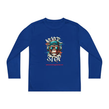 Load image into Gallery viewer, Youth Long Sleeve Tee - "Never Stop" Graphic Shirt for Active Kids