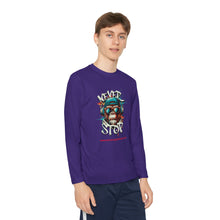 Load image into Gallery viewer, Youth Long Sleeve Tee - "Never Stop" Graphic Shirt for Active Kids