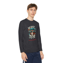 Load image into Gallery viewer, Youth Long Sleeve Tee - "Never Stop" Graphic Shirt for Active Kids