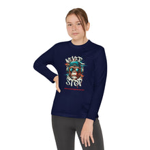 Load image into Gallery viewer, Youth Long Sleeve Tee - "Never Stop" Graphic Shirt for Active Kids