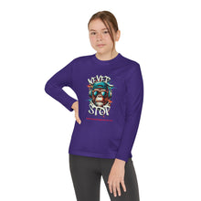 Load image into Gallery viewer, Youth Long Sleeve Tee - "Never Stop" Graphic Shirt for Active Kids