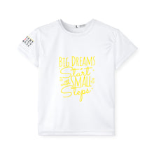 Load image into Gallery viewer, Kids Sports Jersey - &#39;Big Dreams Start with SMALL Steps&#39; Motivational Tee
