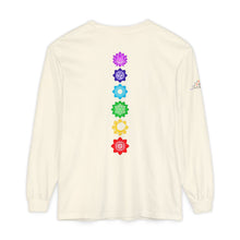 Load image into Gallery viewer, Back view of an ivory long-sleeve shirt featuring a vertical row of colorful chakra symbols printed down the center.

