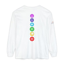 Load image into Gallery viewer, Back view of a white long-sleeve shirt featuring a vertical row of colorful chakra symbols printed down the center.
