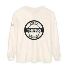 Load image into Gallery viewer, Ivory long-sleeve sweatshirt featuring a bold black circular &quot;EVERY THINGS INTERNAL&quot; logo on the front and small matching text on the left sleeve.

