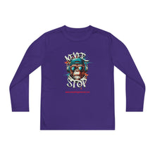 Load image into Gallery viewer, Youth Long Sleeve Tee - &quot;Never Stop&quot; Graphic Shirt for Active Kids
