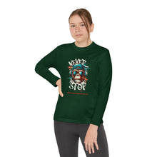 Load image into Gallery viewer, Youth Long Sleeve Tee - &quot;Never Stop&quot; Graphic Shirt for Active Kids
