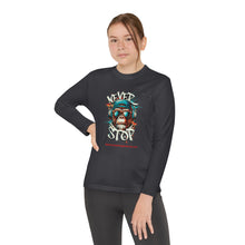 Load image into Gallery viewer, Youth Long Sleeve Tee - &quot;Never Stop&quot; Graphic Shirt for Active Kids
