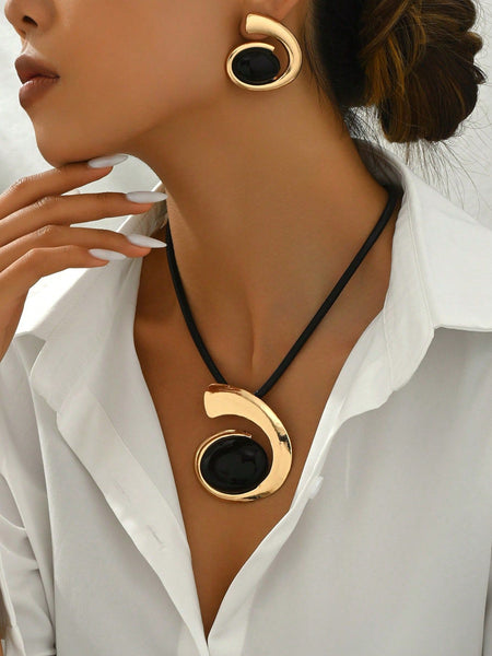 14K Gold Plated Black Onyx Swirl Choker Necklace and Earrings Set