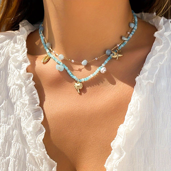 2pcs Crystal Beaded Crushed Stone Faux Pearl Shell Beach Seaside Travel Decor Boho Necklace