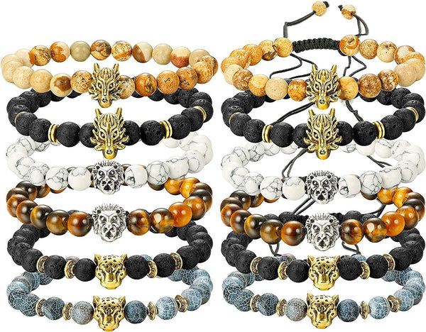12PCS Beads Bracelet for Men Lion Leopard Dragon Tiger Eye Charm Lava Stone Rock Punk Natural Stone Bracelet Set