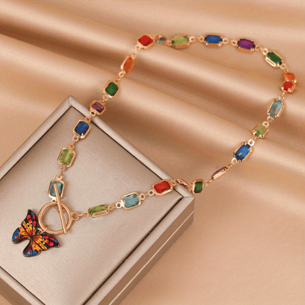 Colorful Square Crystal Butterfly Charm Necklace Retro OT Clasp Chain Jewelry