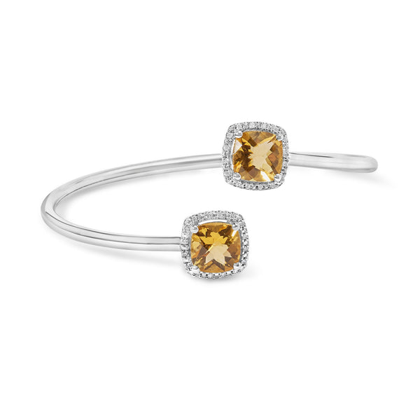 .925 Sterling Silver 8mm Cushion Cut Yellow Citrine Gemstone and Diamond Accent Split Bypass Bangle Bracelet (H-I Color, SI1-SI2 Clarity) - Fits up to 7.75